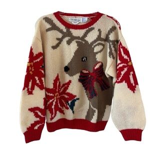 Cozy Holiday Reindeer Sweater - Red and Cream